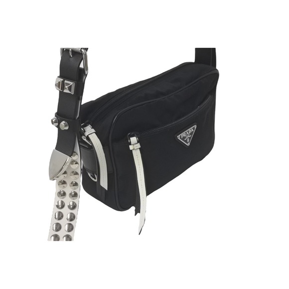 Prada Studded Shoulder Bag Triangle Logo Nylon Black - Picture 4 of 10